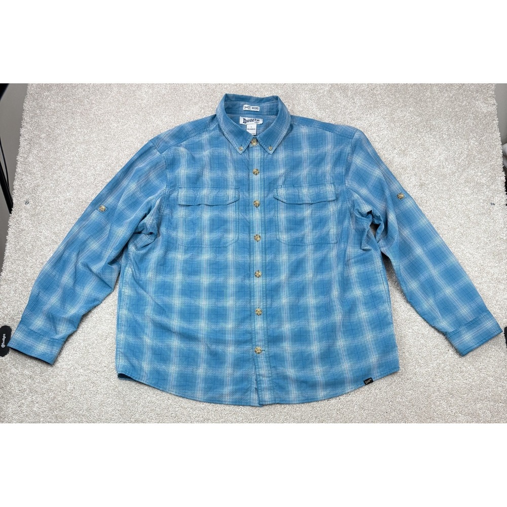 DULUTH TRADING CO UNTUCKED Long Sleeve Shirt RELAXED FIT Blue Plaid Men's LARGE
